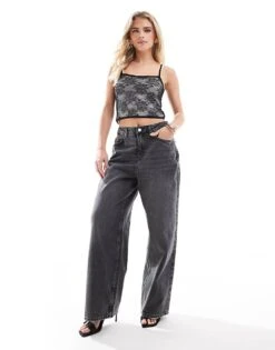 Miss Selfridge Petite Flocked Bow Pocket Baggy Jean In Black Wash For Women