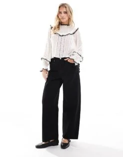 Miss Selfridge Petite Broderie Heart Pocket Baggy Jean In Black Wash For Women