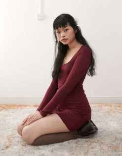 Miss Selfridge Square Neck Fit And Flare Mini Dress In Burgundy For Women