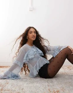 Miss Selfridge Ruffle Detail Blouse In Light Blue For Women