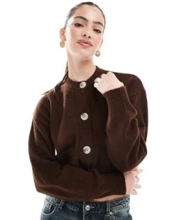 Miss Selfridge Seam Detail Crew Neck Boxy Cardigan In Chocolate For Women