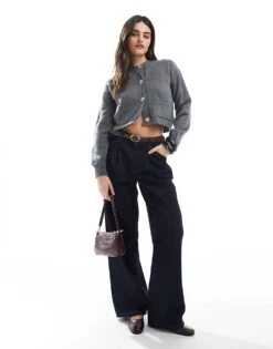 Miss Selfridge Seam Detail Crew Neck Boxy Cardigan In Grey For Women