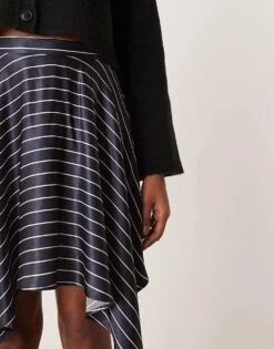 Miss Selfridge Satin Asym Hem Mini Skirt In Navy Pinstripe For Women