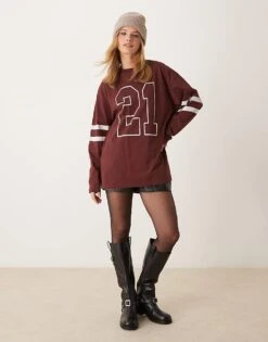 Miss Selfridge Long Sleeve Graphic Varsity Tee In Chocolate For Women