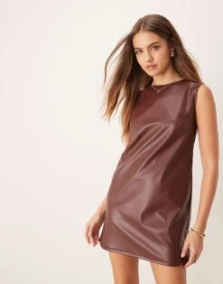 Miss Selfridge Pu Shift Mini Dress In Brown For Women