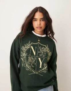 Miss Selfridge New York Graphic Sweatshirt In Green For Women