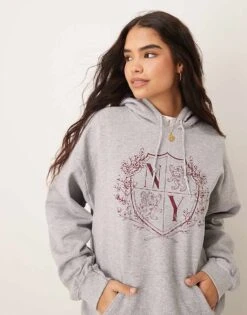 Miss Selfridge Varsity Oversized Hoodie For Women Light Grey Marl