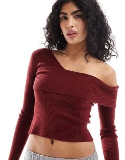 Miss Selfridge Asym Knit Rib Long Sleeve Top In Burgundy For Women