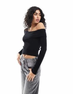 Miss Selfridge Asym Knit Rib Long Sleeve Top In Black For Women