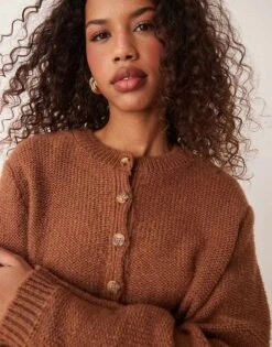 Miss Selfridge Crew Neck Textured Knit Cardigan In Chocolate For Women