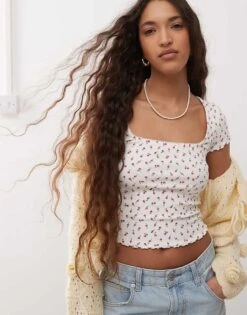 Miss Selfridge Lace Trim Rib Short Sleeve Top Ditsy Floral Print For Women