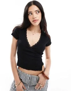 Miss Selfridge Pointelle Wrap Detail Top In Black For Women