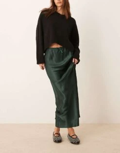 Miss Selfridge Satin Bias Bow Detail Maxi Skirt In Dark Green For Women