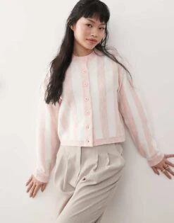 Miss Selfridge Knitted Cardigan In Pink Stripe For Women