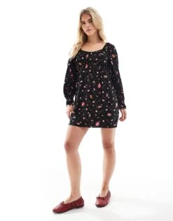 Miss Selfridge Petite Long Sleeve Mini Tea Dress In Ditsy Floral Print For Women Black Floral Print