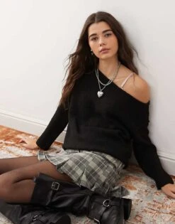 Miss Selfridge Asym Off The Shoulder Slouchy Cosy Knit Jumper In Black For Women