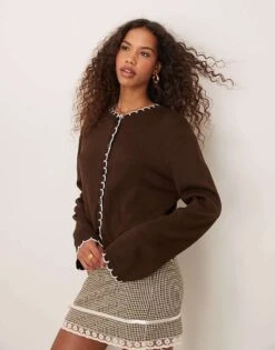 Miss Selfridge Blanket Stitch Cardigan In Chocolate For Women