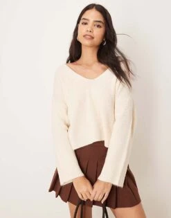 Miss Selfridge V Neck Knitted Jumper In Cream For Women