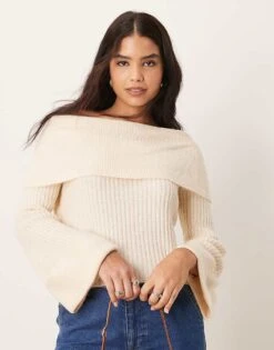 Miss Selfridge Wide Cuff Bardot Knitted Jumper In Cream For Women