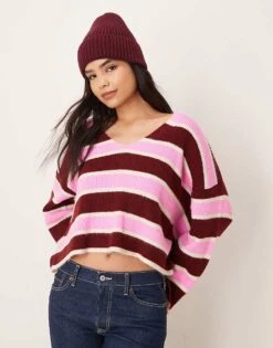 Miss Selfridge Burgundy Stripe V Neck Jumper For Women