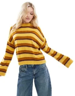 Miss Selfridge Tonal Ochre Stripe Oversized Knitted Jumper For Women Multi Stripe