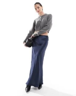Miss Selfridge Satin Bias Bow Maxi Skirt In Navy For Women