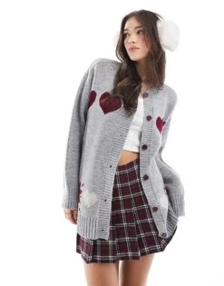 Miss Selfridge Heart Cardigan In Grey For Women