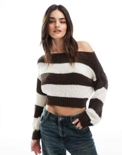 Miss Selfridge Wide Stripe Slouchy Off The Shoulder Jumper For Women Black