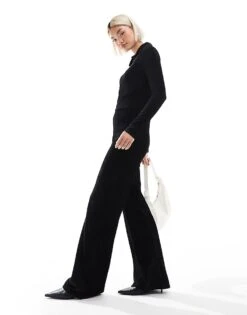 Miss Selfridge Velvet Rib Long Sleeve Henley Jumpsuit For Women Black
