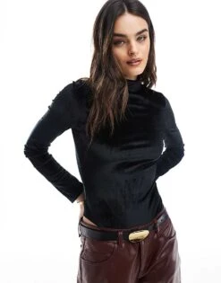 Miss Selfridge Roll Neck Velvet Bodysuit In Black For Women