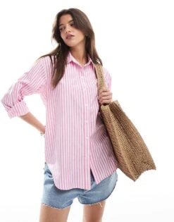 Miss Selfridge Oversized Shirt In Pink Candy Stripe For Women Pink Stripe