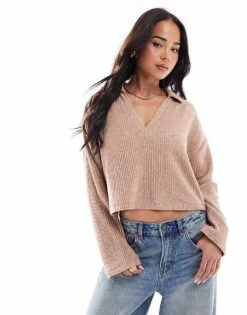 Miss Selfridge Soft Touch Plisse Collared Long Sleeve Top In Biscuit For Women