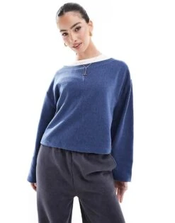 Miss Selfridge Soft Touch Rib Oversized Long Sleeve Top In Blue For Women