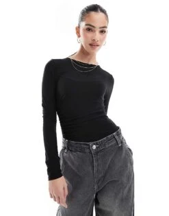 Miss Selfridge Soft Touch Ruched Side Bodysuit In Black For Women