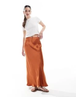 Miss Selfridge Satin Bias Bow Maxi Skirt In Ginger For Women