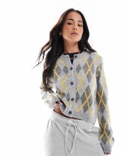 Miss Selfridge Crew Neck Argyle Cardigan For Women Multi