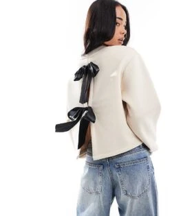 Miss Selfridge Contrast Bow Back Detail Sweatshirt For Women Ivory