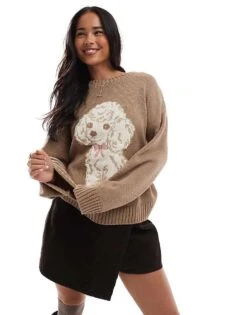 Miss Selfridge Knitted Dog Bow Jumper For Women Light Brown