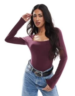 Miss Selfridge Square Neck Long Sleeve Bodysuit In Burgundy For Women