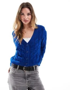 Miss Selfridge Chunky Cable Knit Cardigan In Bright Blue For Women