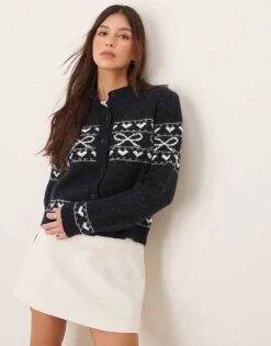 Miss Selfridge Knitted Bow Pattern Cardigan In Navy For Women Navy Blue