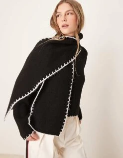 Miss Selfridge Knitted Blanket Stitch Jumper With Scarf In Black For Women
