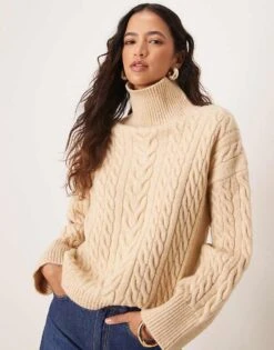 Miss Selfridge Knitted Cable Funnel Neck Jumper In Buttermilk For Women
