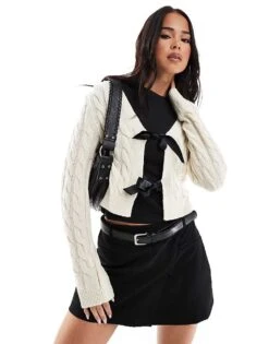 Miss Selfridge Cable Knit Contrast Bow Cardigan For Women Cream