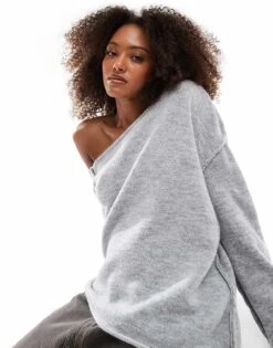 Miss Selfridge Asym Off The Shoulder Slouchy Cosy Knit Jumper In Grey Marl For Women
