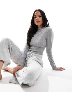 Miss Selfridge High Neck Long Sleeve Pointelle Bodysuit In Grey Marl For Women