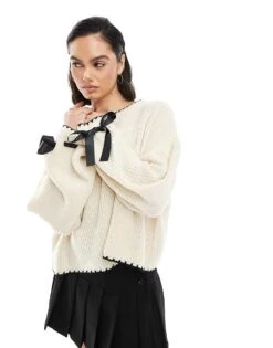 Miss Selfridge Satin Bow Cuff Blanket Stitch Knit Jumper For Women White