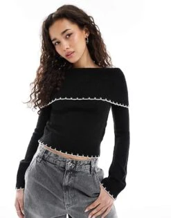 Miss Selfridge Blanket Stitch Bardot Knitted Top In Black For Women
