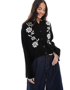 Miss Selfridge Knitted Contrast Floral Jacquard Cardigan For Women Black