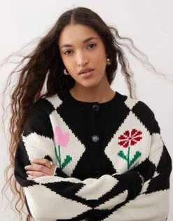 Miss Selfridge Diamond & Flower Crew Cardigan For Women Multi
